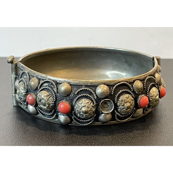 Silvertone Hinged Bangle Bracelet With Red Glass Stones - Missing Stones - Picture 4 of 11